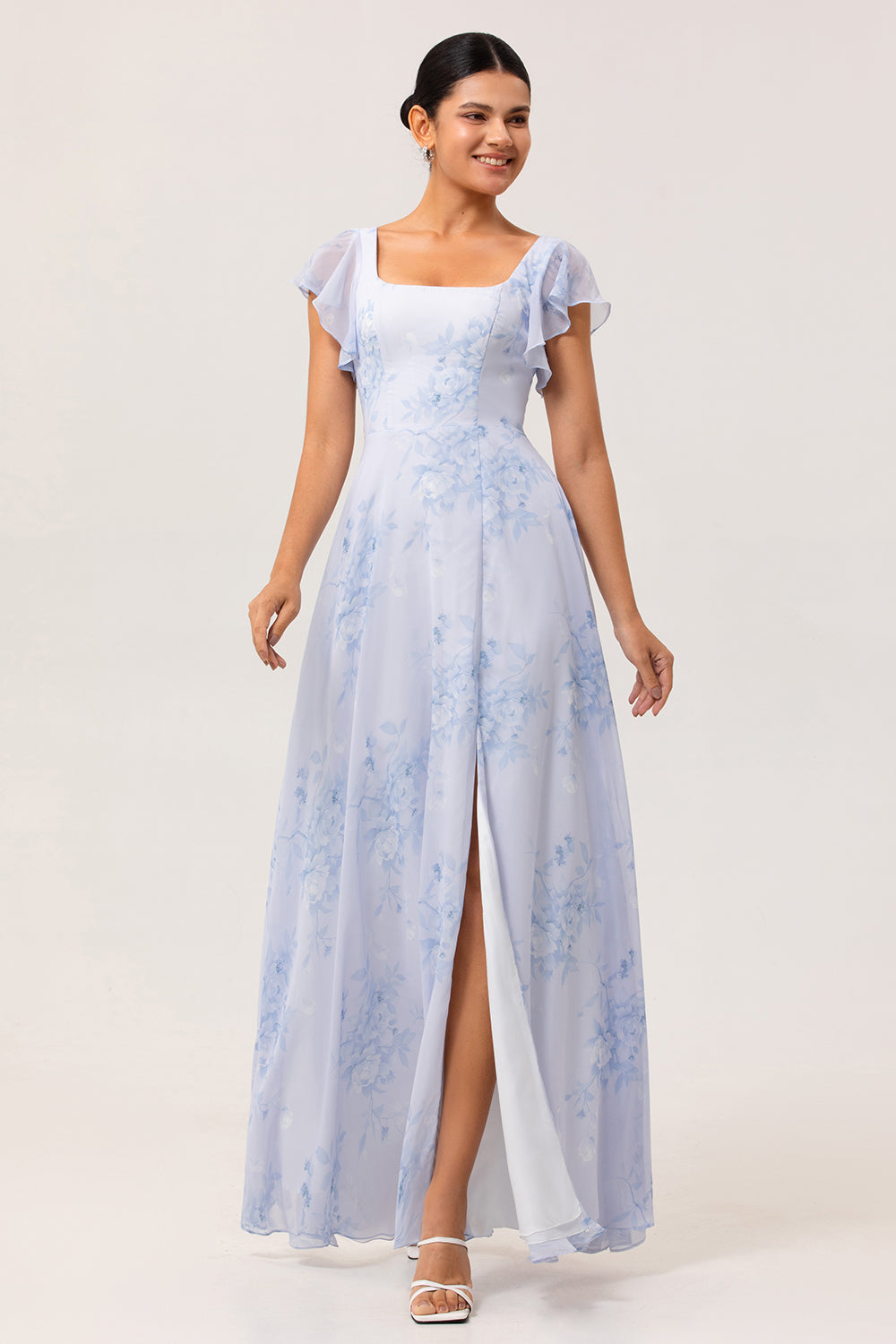 Blue Chiffon Floral Scoop Neck Ruffled Long Bridesmaid Dress with Slit