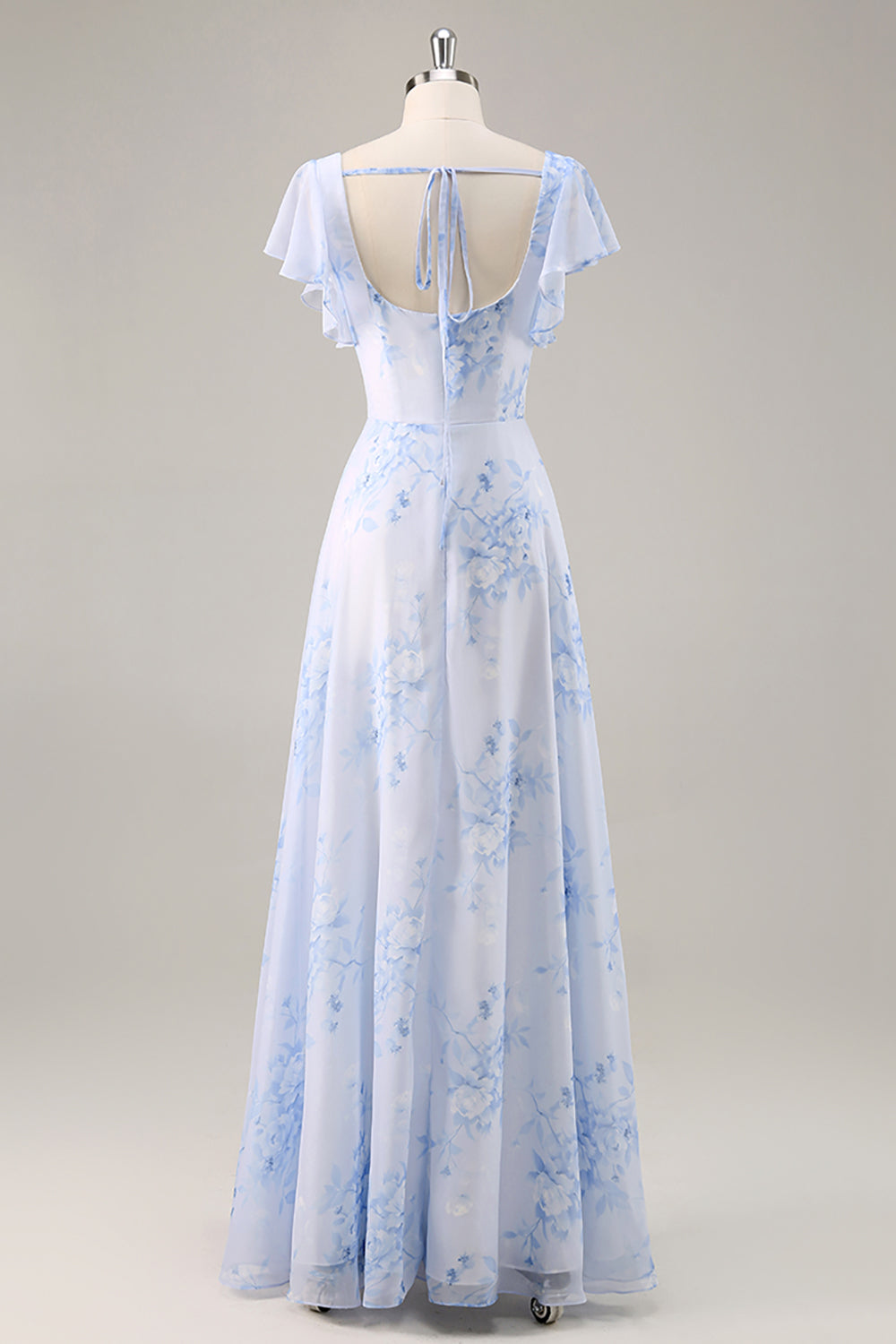 Blue Chiffon Floral Scoop Neck Ruffled Long Bridesmaid Dress with Slit