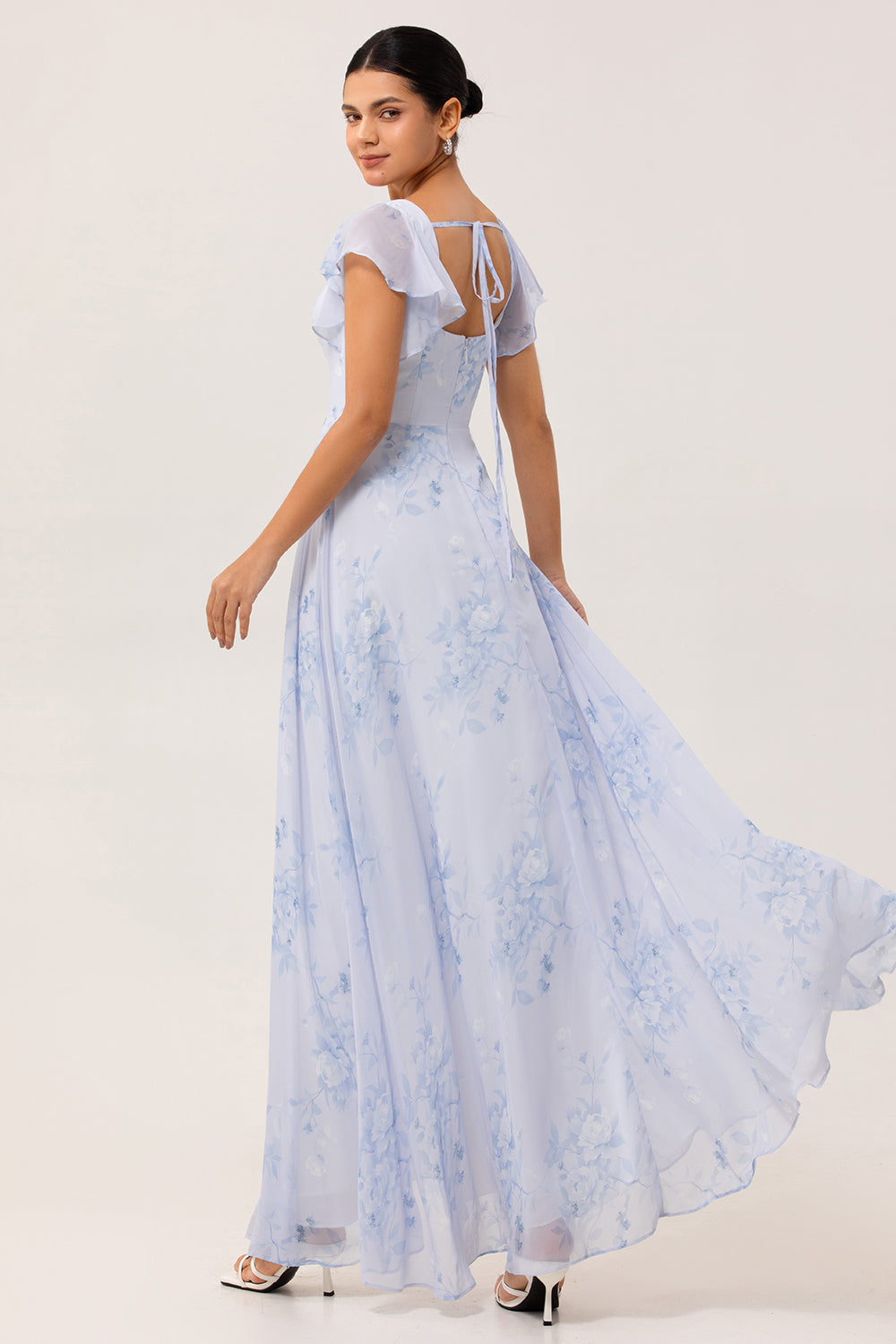 Blue Chiffon Floral Scoop Neck Ruffled Long Bridesmaid Dress with Slit