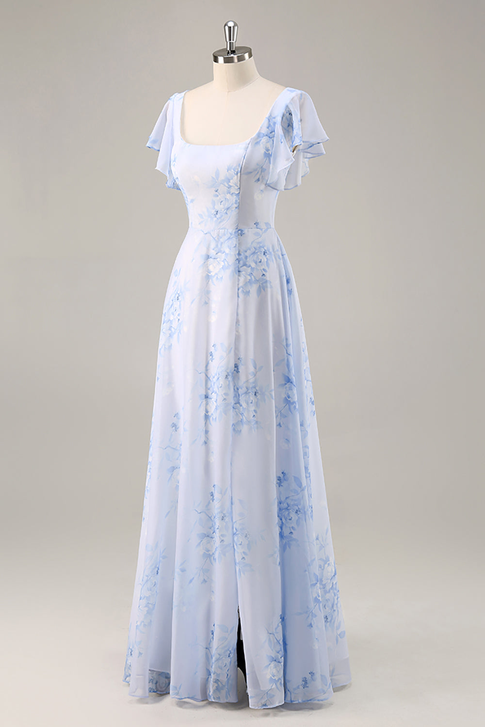 Blue Chiffon Floral Scoop Neck Ruffled Long Bridesmaid Dress with Slit