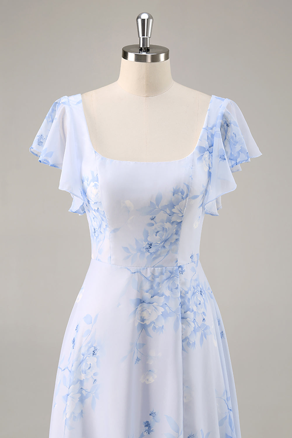 Blue Chiffon Floral Scoop Neck Ruffled Long Bridesmaid Dress with Slit