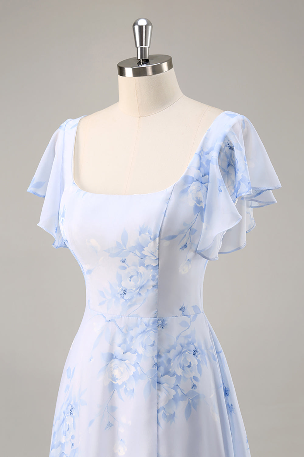 Blue Chiffon Floral Scoop Neck Ruffled Long Bridesmaid Dress with Slit