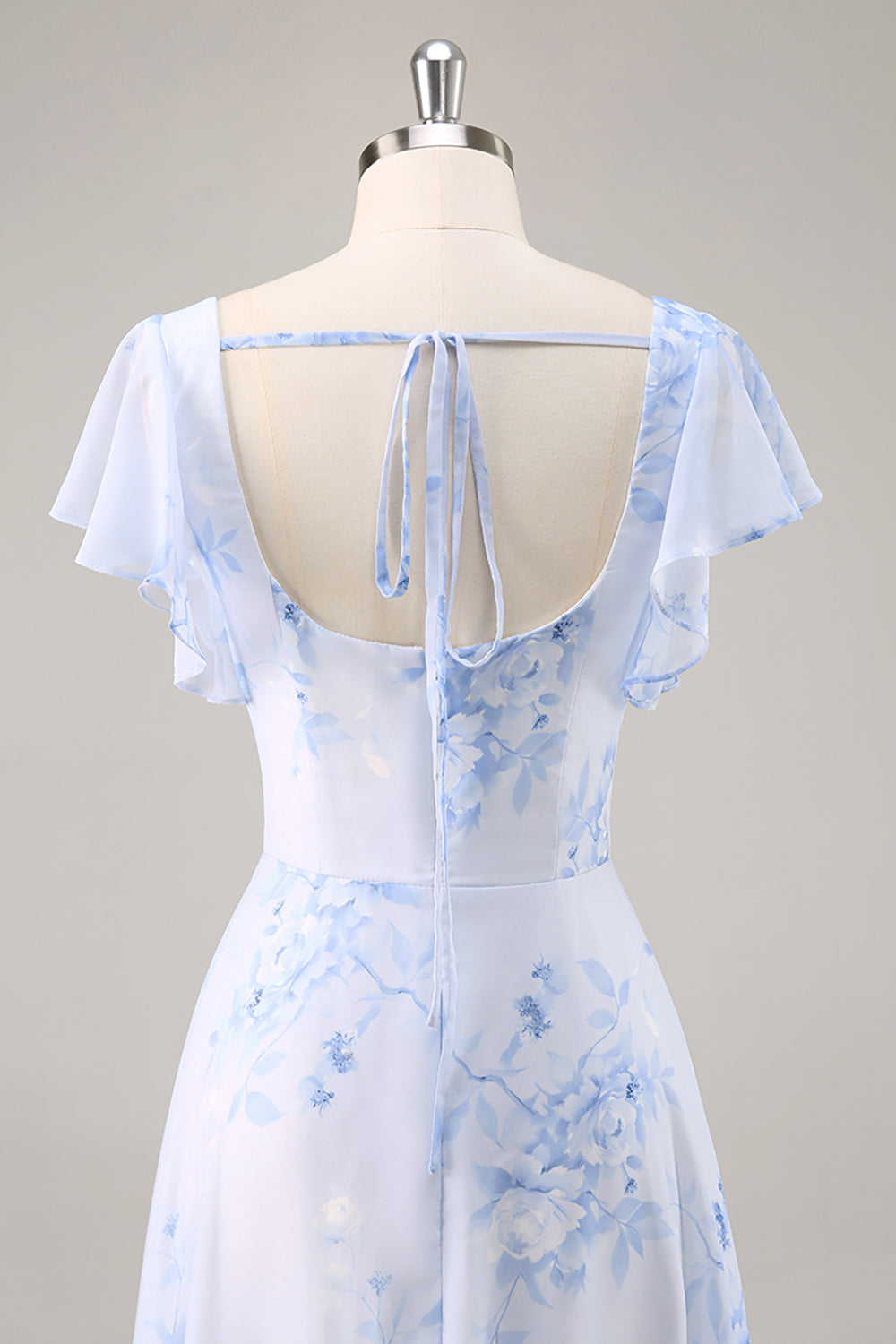 Blue Chiffon Floral Scoop Neck Ruffled Long Bridesmaid Dress with Slit
