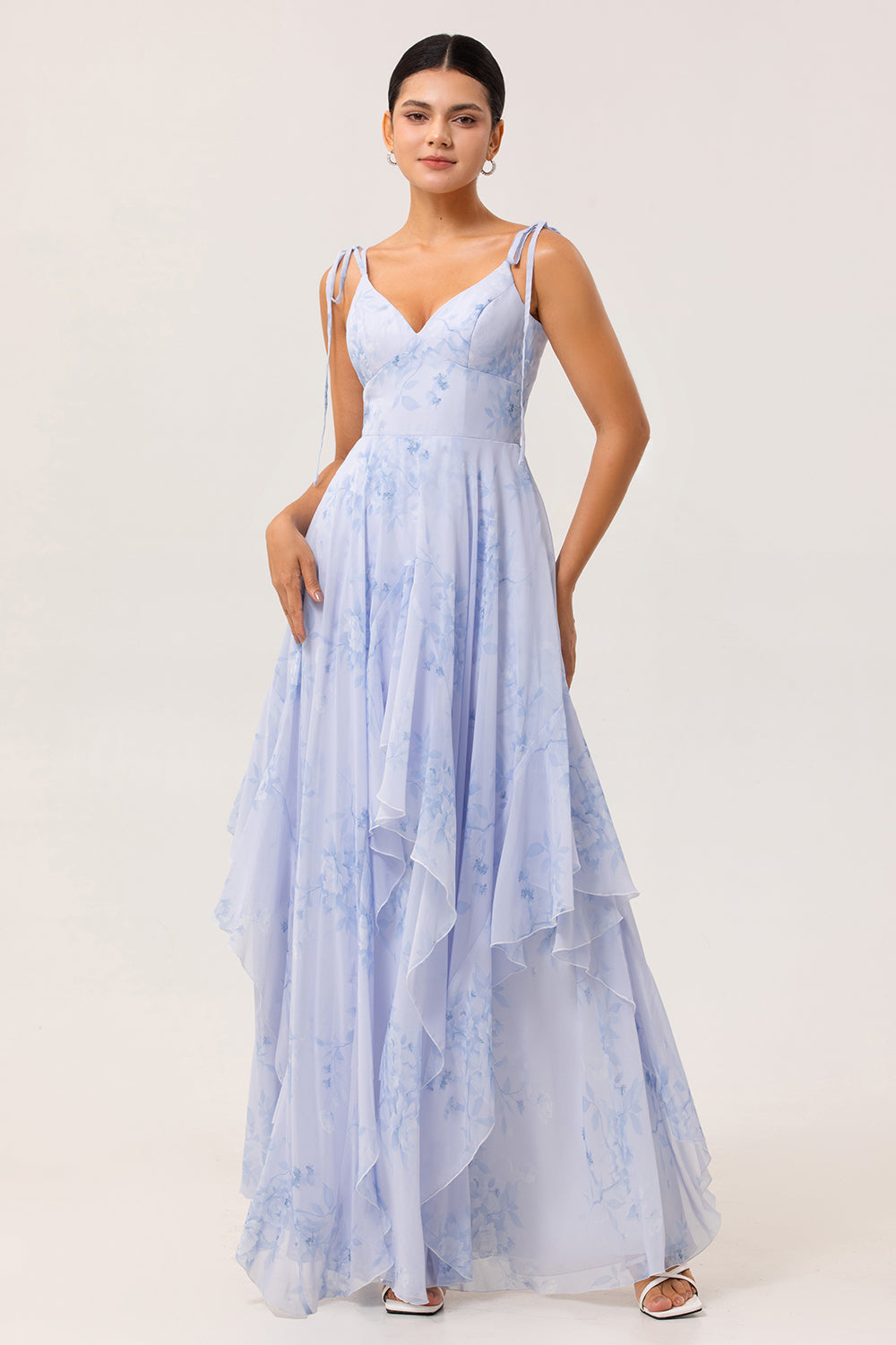 Blue Floral Chiffon Spaghetti Straps Long Bridesmaid Dress with Ruffles