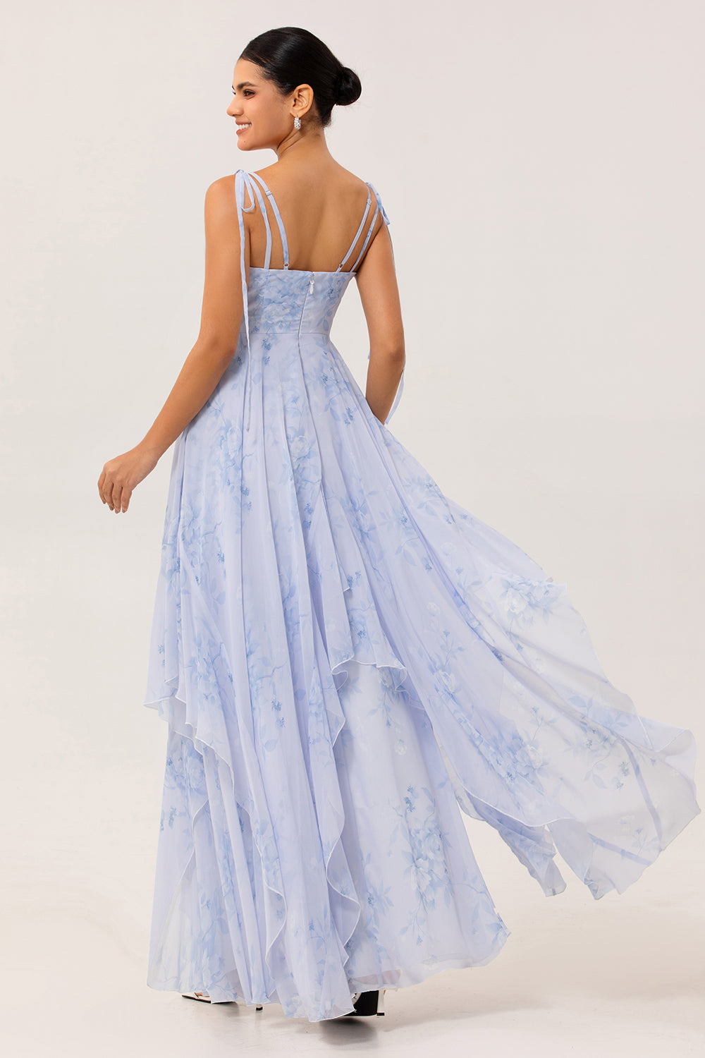 Blue Floral Chiffon Spaghetti Straps Long Bridesmaid Dress with Ruffles