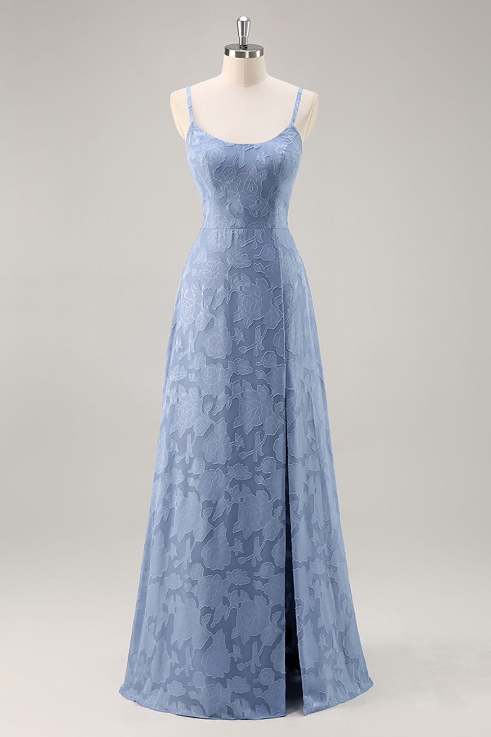 Dusty Blue Floral Lace Spaghetti Straps Long Bridesmaid Dress with Slit