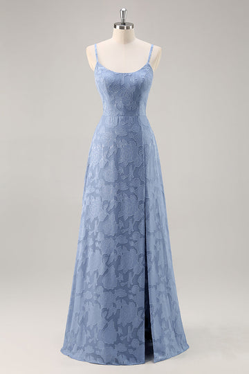 Dusty Blue Floral Lace Spaghetti Straps Long Bridesmaid Dress with Slit