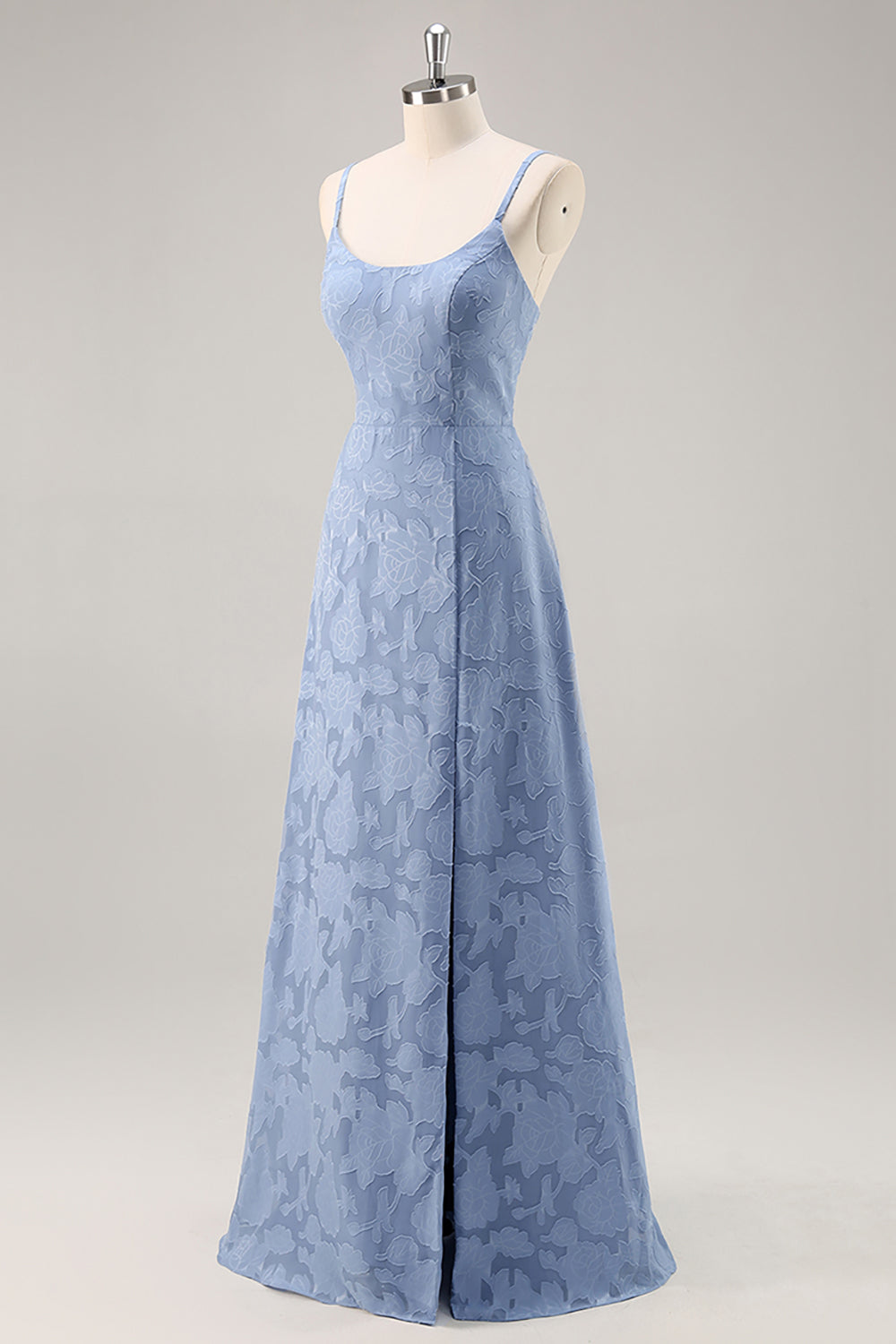 Dusty Blue Floral Lace Spaghetti Straps Long Bridesmaid Dress with Slit