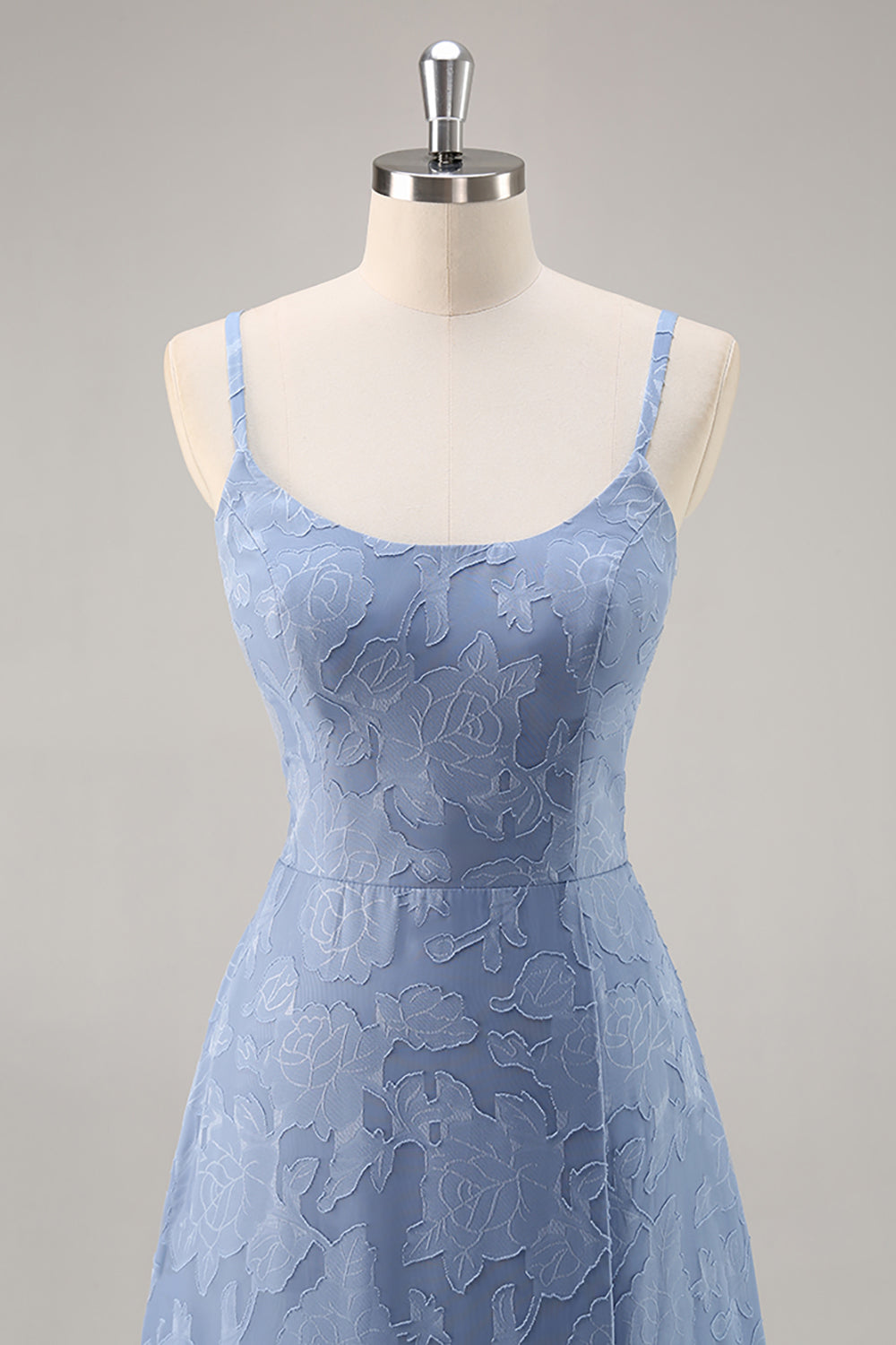 Dusty Blue Floral Lace Spaghetti Straps Long Bridesmaid Dress with Slit