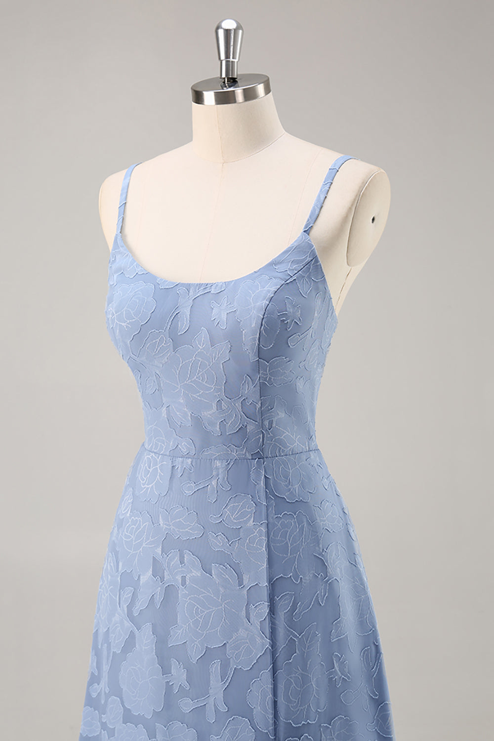Dusty Blue Floral Lace Spaghetti Straps Long Bridesmaid Dress with Slit