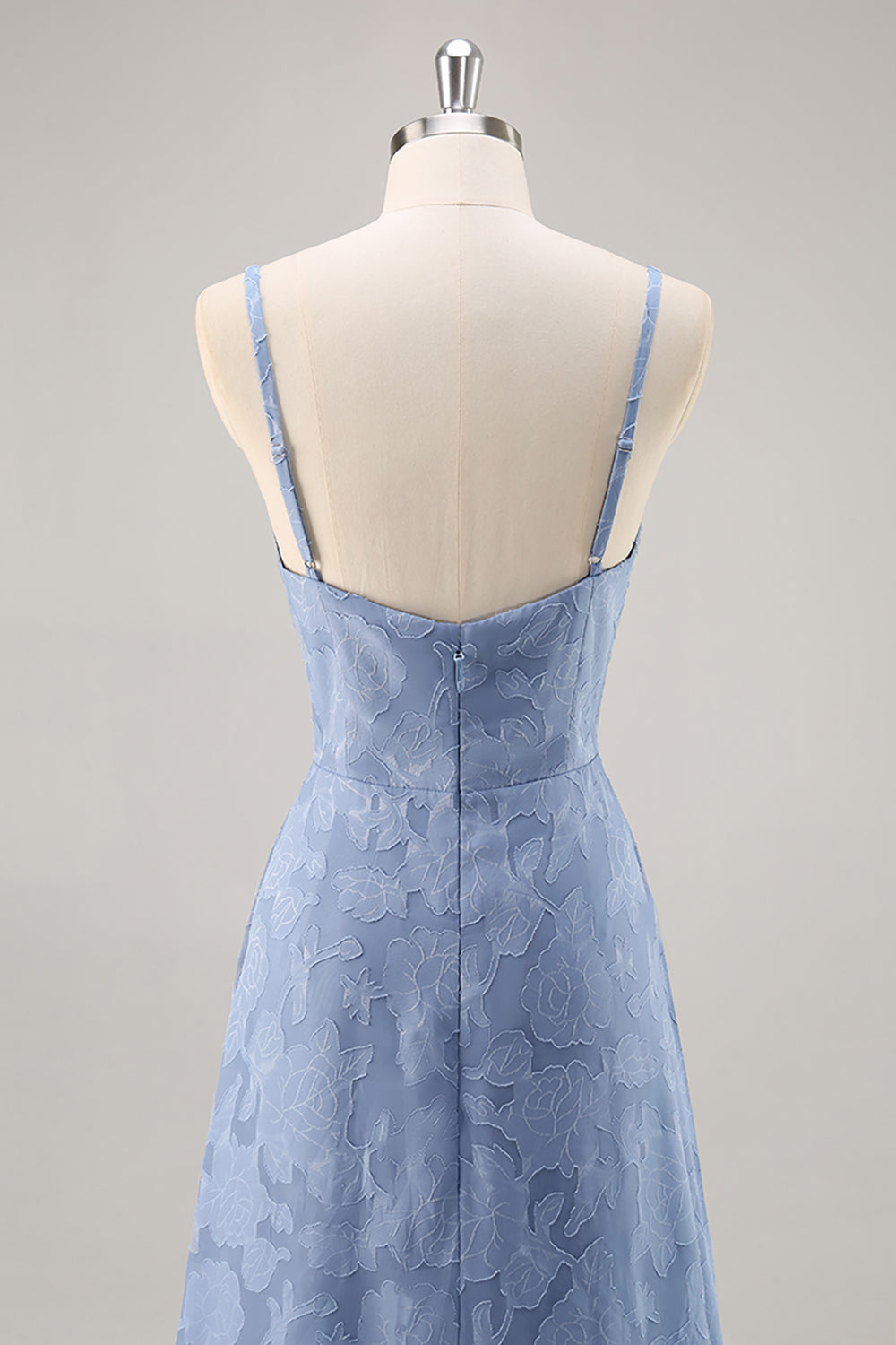 Dusty Blue Floral Lace Spaghetti Straps Long Bridesmaid Dress with Slit