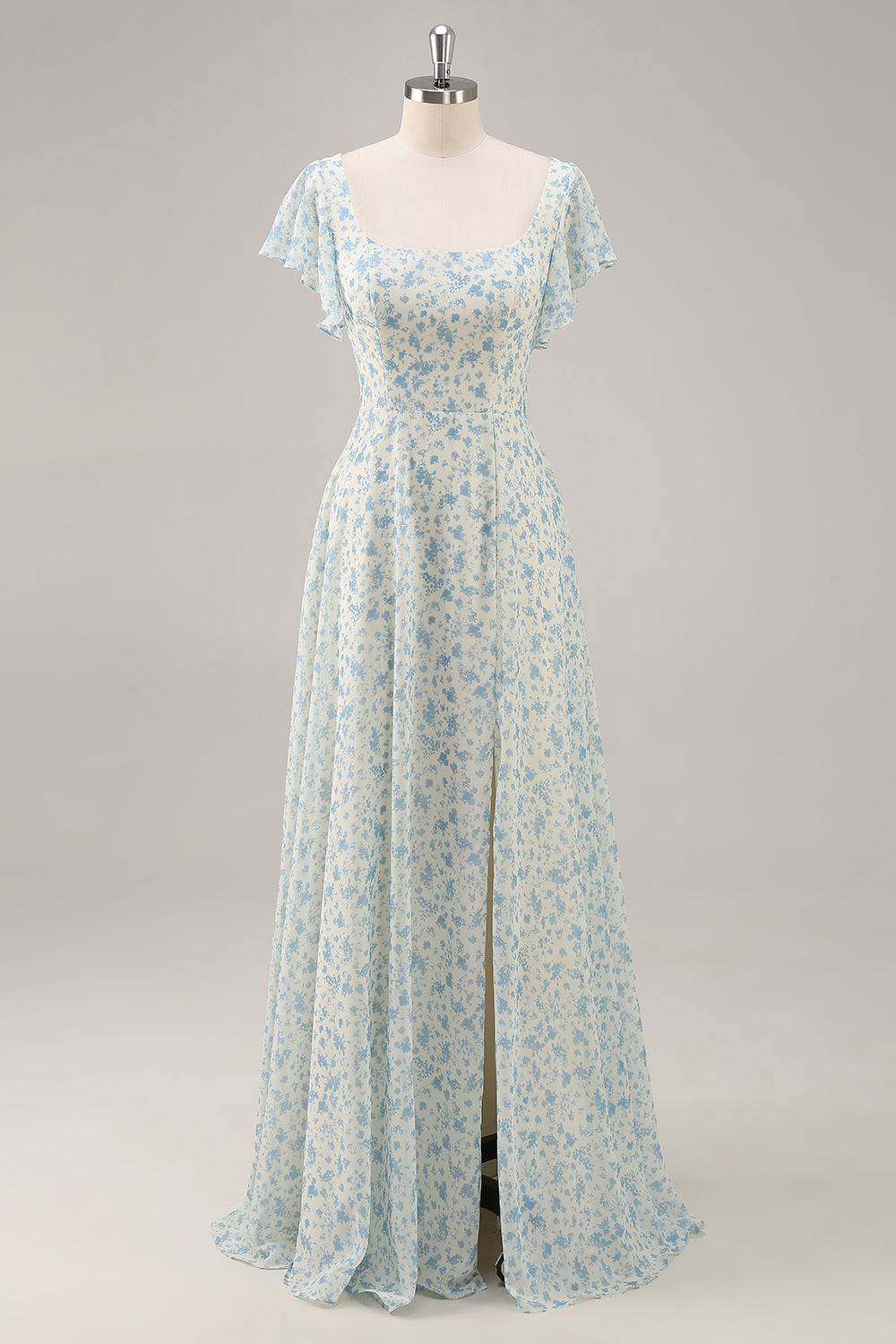 Blue Floral Chiffon Ruffled A Line Long Bridesmaid Dress with Slit