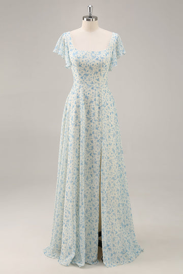 Blue Floral Chiffon Ruffled A Line Long Bridesmaid Dress with Slit