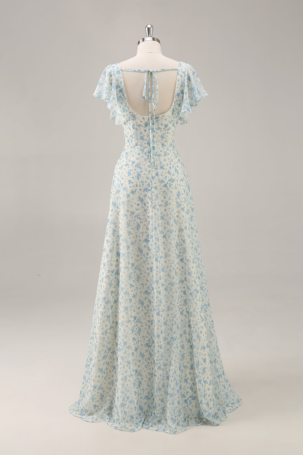 Blue Floral Chiffon Ruffled A Line Long Bridesmaid Dress with Slit