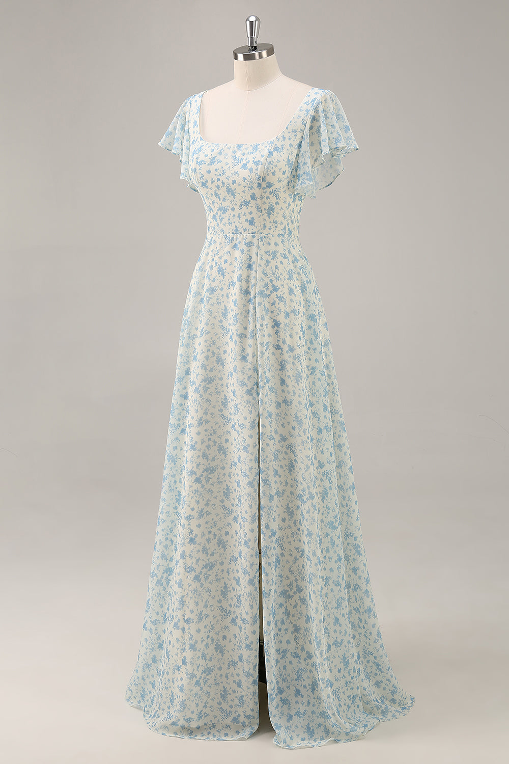 Blue Floral Chiffon Ruffled A Line Long Bridesmaid Dress with Slit