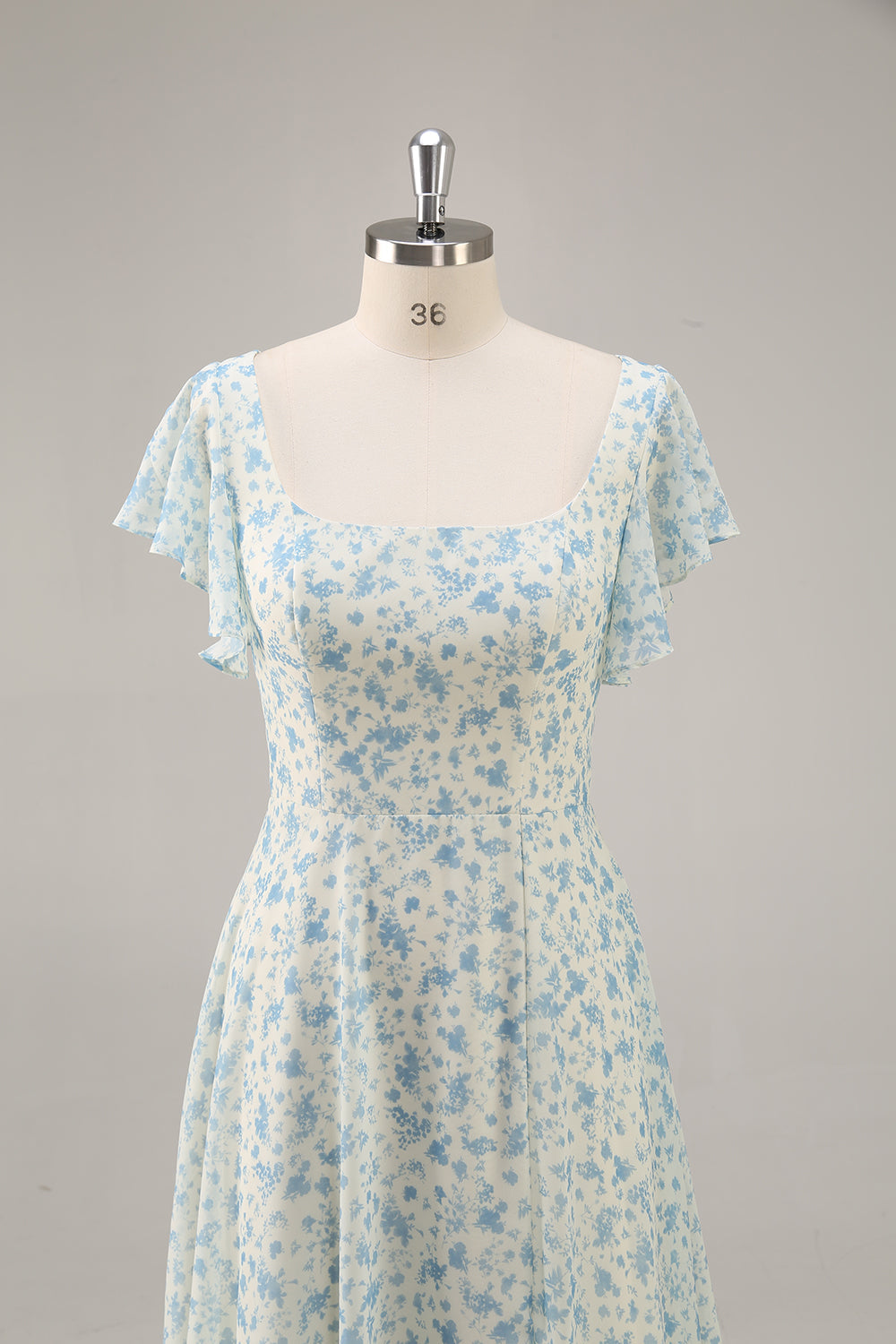 Blue Floral Chiffon Ruffled A Line Long Bridesmaid Dress with Slit