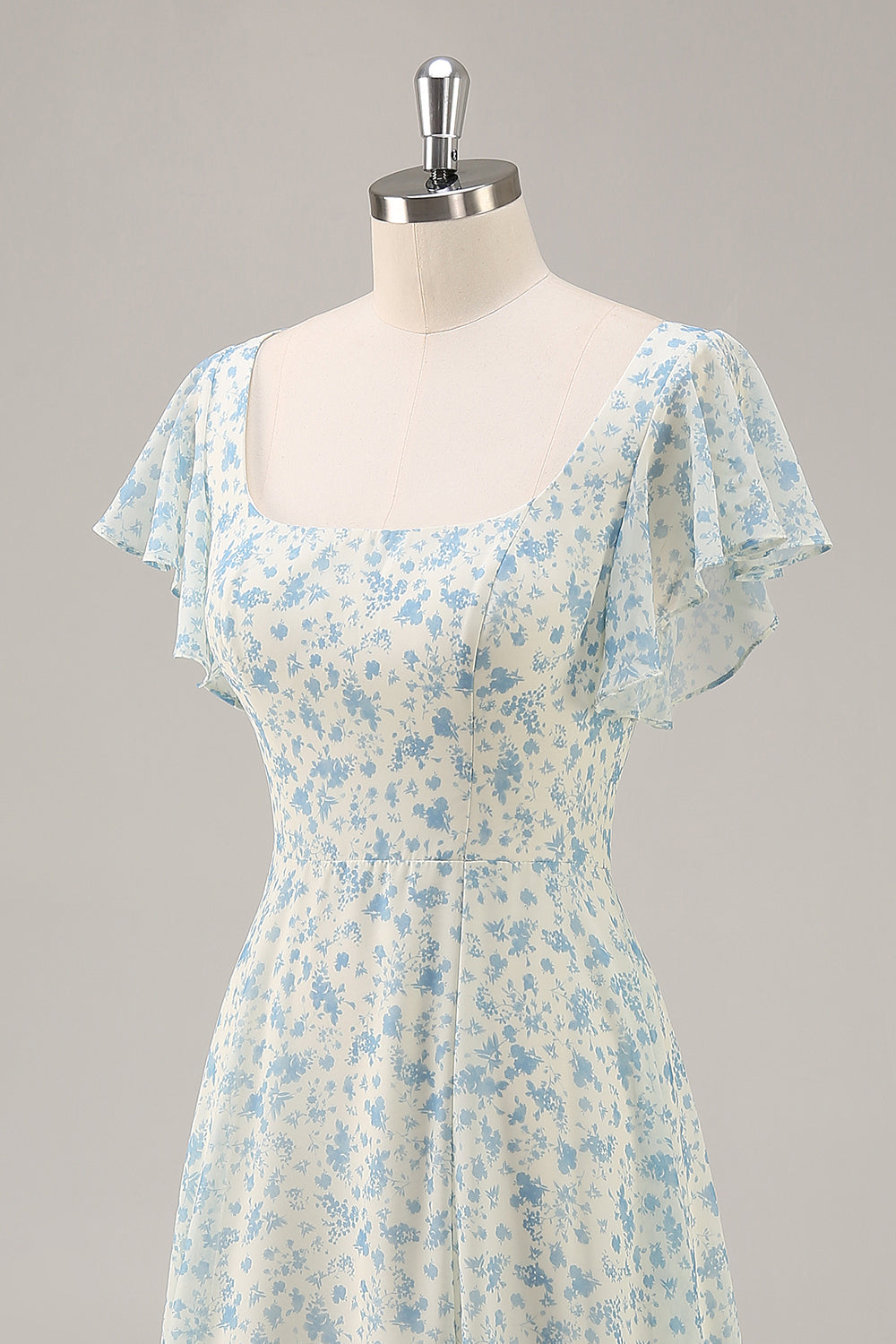 Blue Floral Chiffon Ruffled A Line Long Bridesmaid Dress with Slit