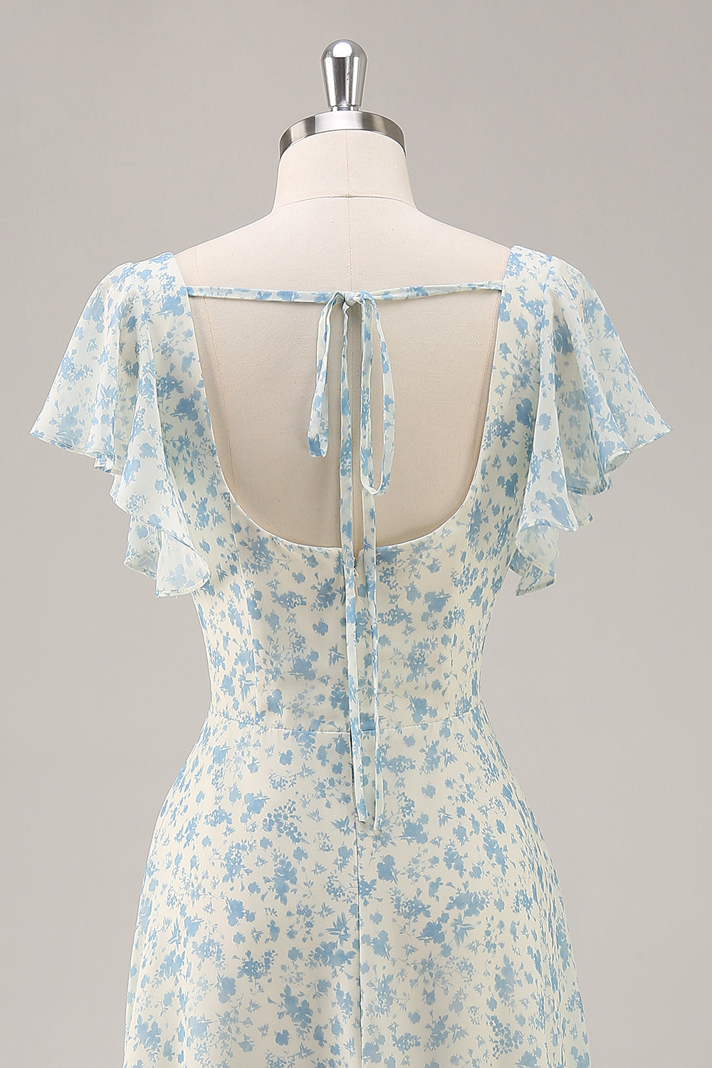 Blue Floral Chiffon Ruffled A Line Long Bridesmaid Dress with Slit