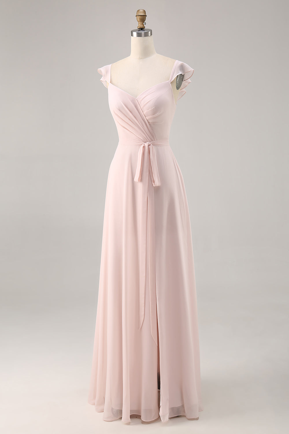Candy Pink Chiffon Ruched Long Bridesmaid Dress with Slit