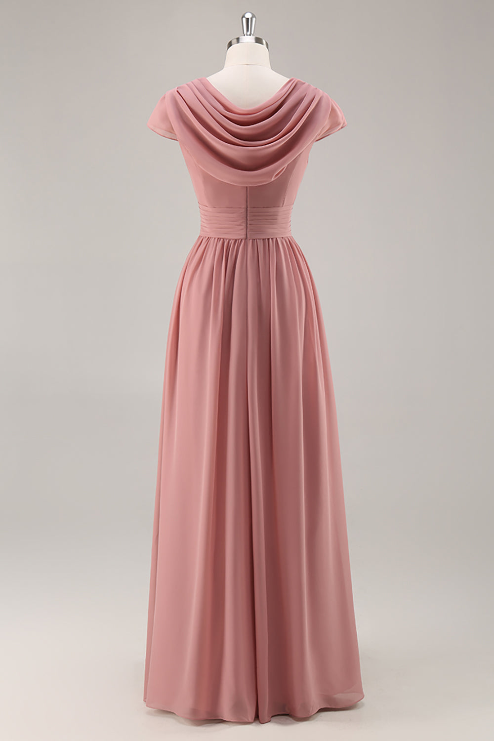 Dusty Rose Short Sleeves Chiffon Long Bridesmaid Dress