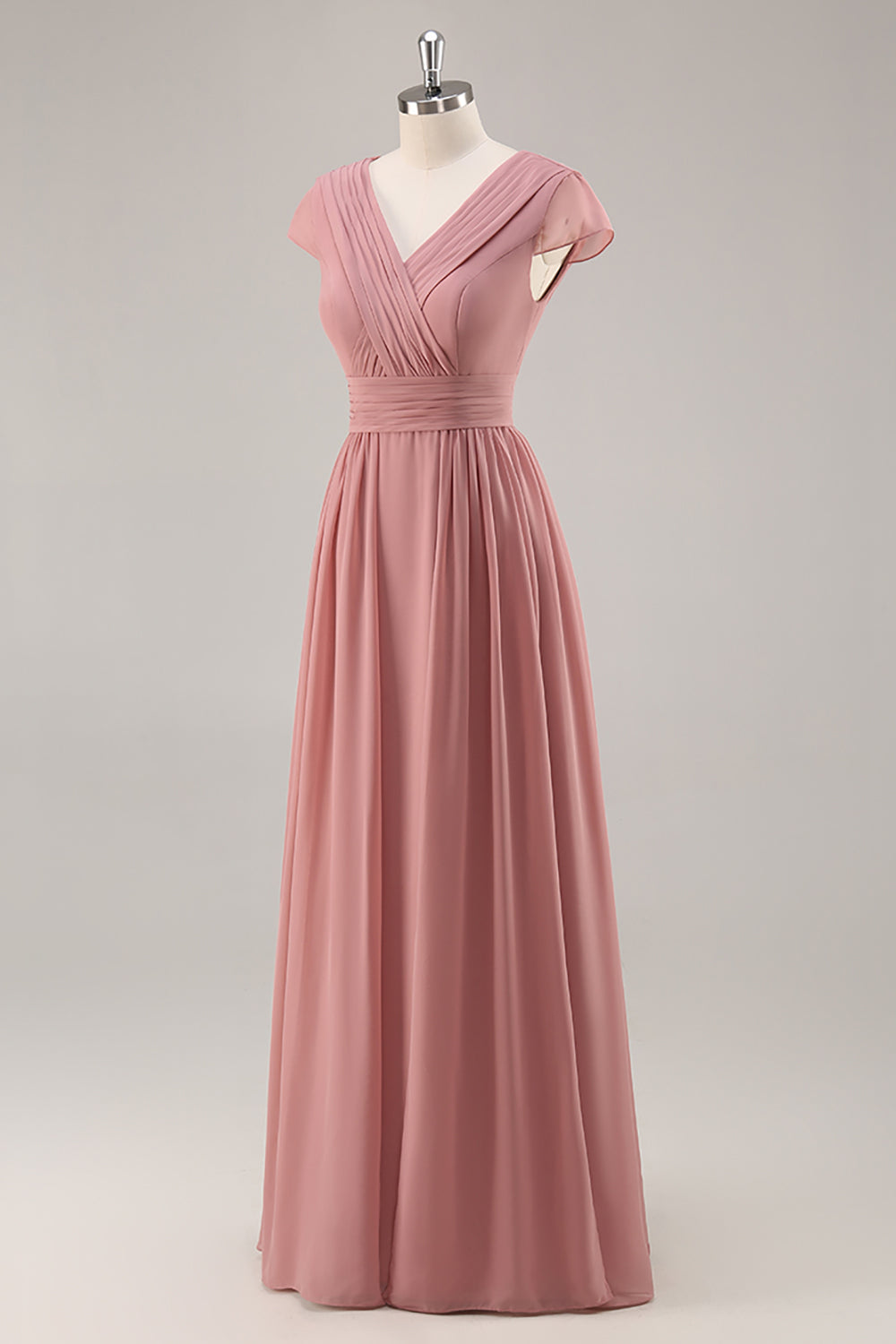 Dusty Rose Short Sleeves Chiffon Long Bridesmaid Dress