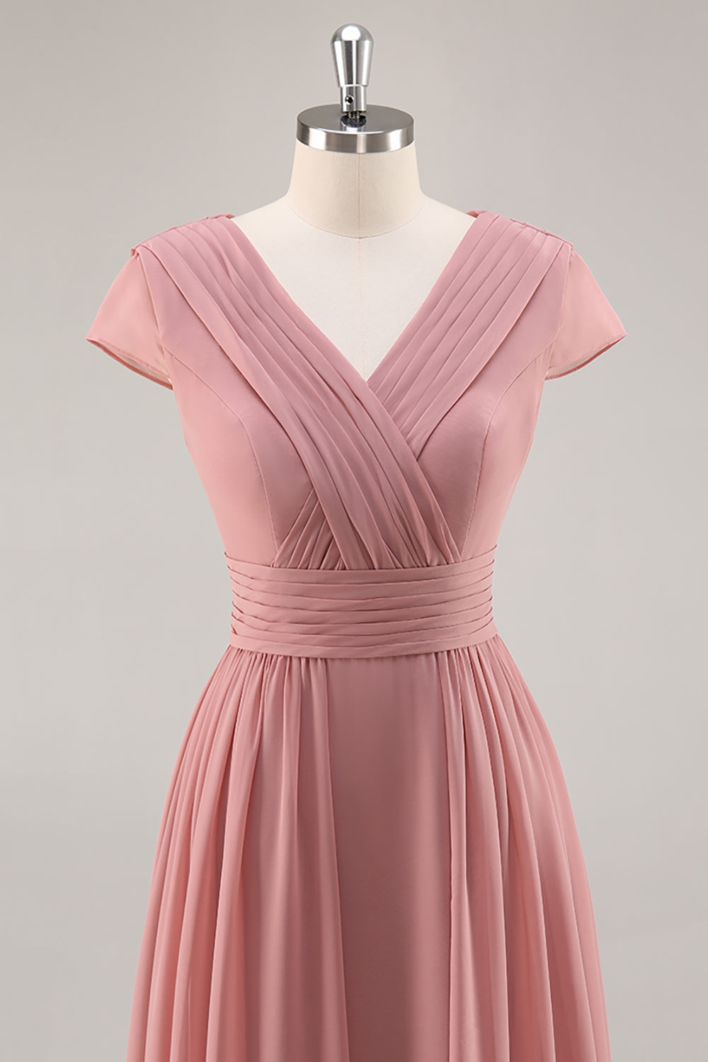 Dusty Rose Short Sleeves Chiffon Long Bridesmaid Dress