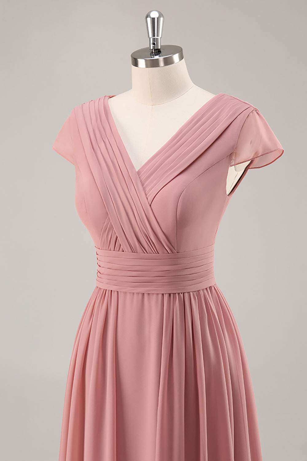 Dusty Rose Short Sleeves Chiffon Long Bridesmaid Dress