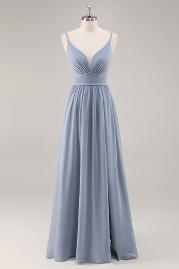 Dusty Blue Ruched Chiffon Spaghetti Straps Long Bridesmaid Dress with Slit