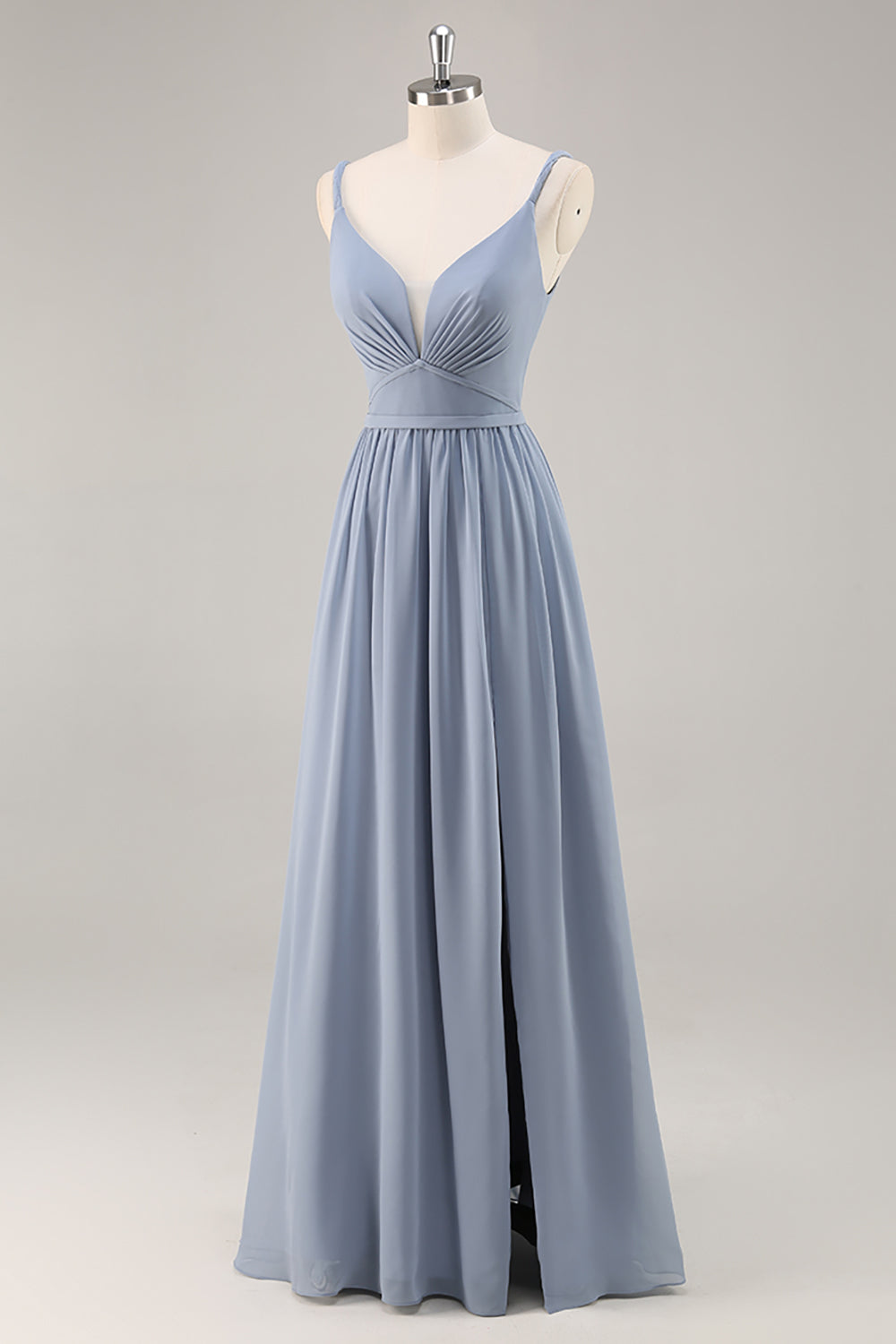 Dusty Blue Ruched Chiffon Spaghetti Straps Long Bridesmaid Dress with Slit