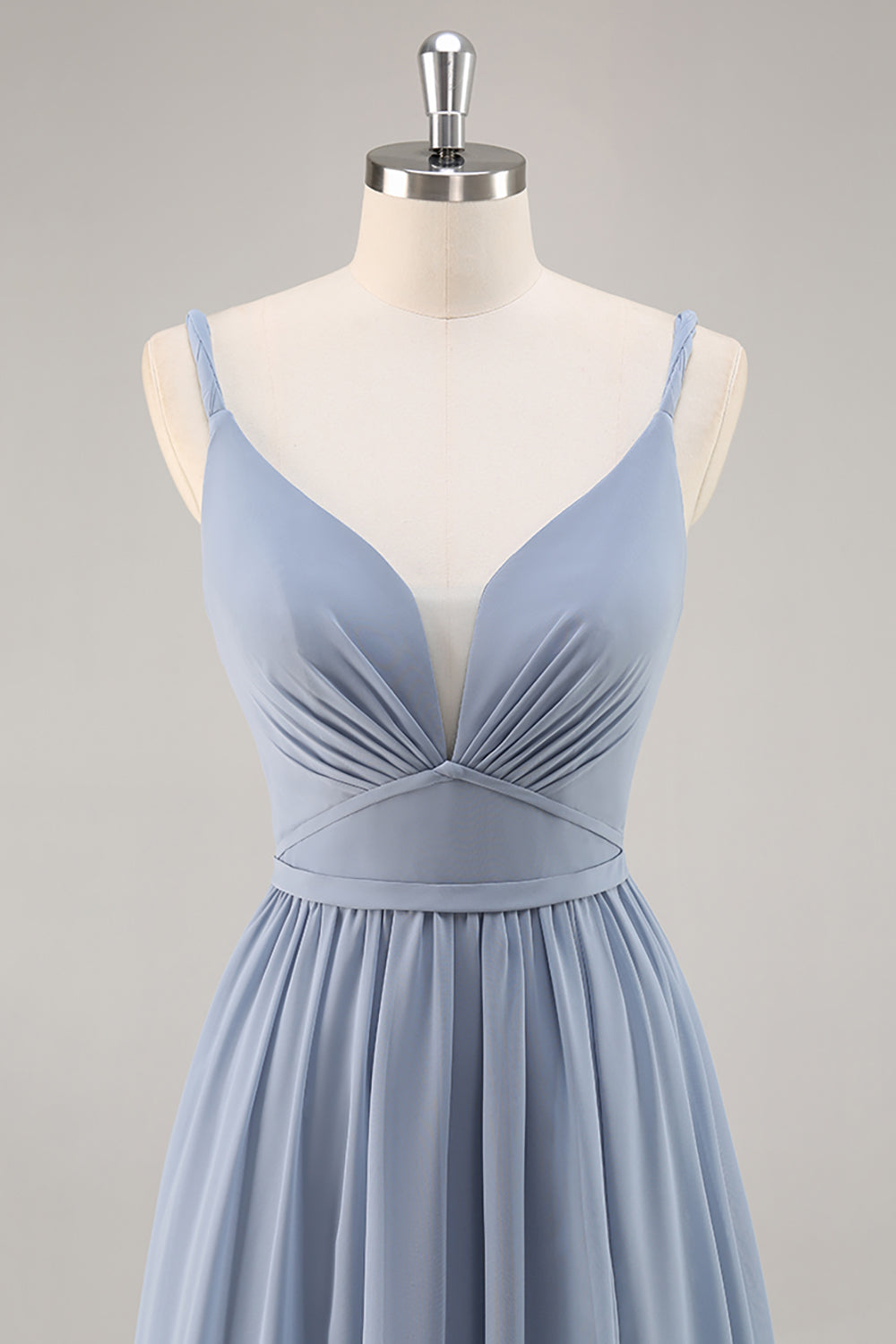 Dusty Blue Ruched Chiffon Spaghetti Straps Long Bridesmaid Dress with Slit