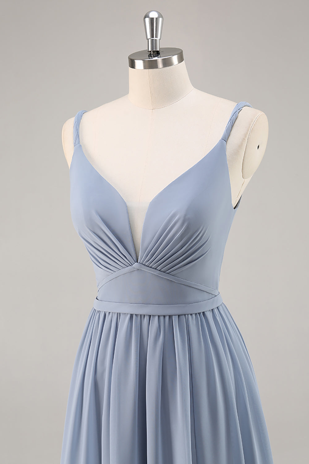 Dusty Blue Ruched Chiffon Spaghetti Straps Long Bridesmaid Dress with Slit