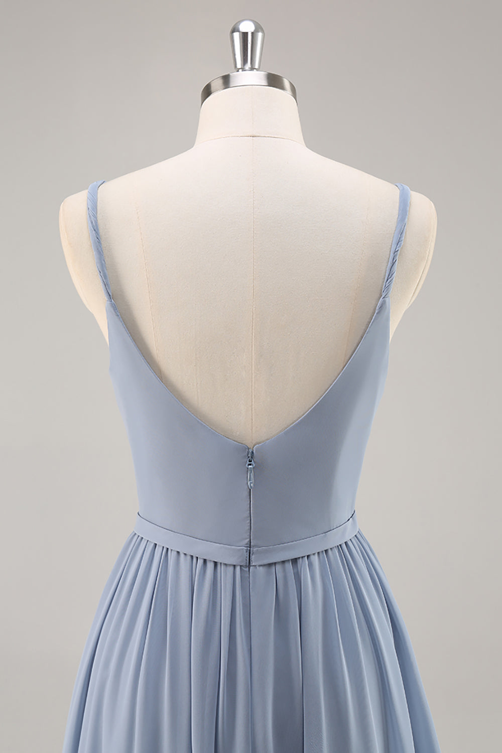 Dusty Blue Ruched Chiffon Spaghetti Straps Long Bridesmaid Dress with Slit