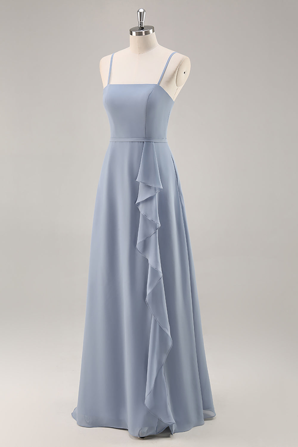 Dusty Blue Ruffled Chiffon A Line Long Bridesmaid Dress with Slit