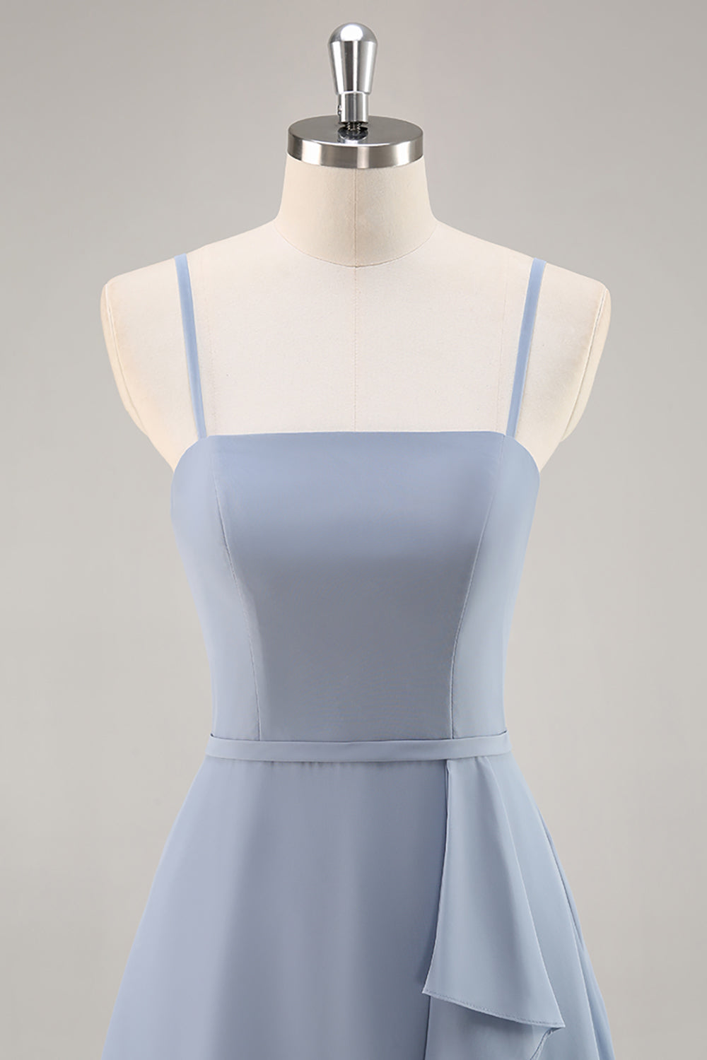 Dusty Blue Ruffled Chiffon A Line Long Bridesmaid Dress with Slit