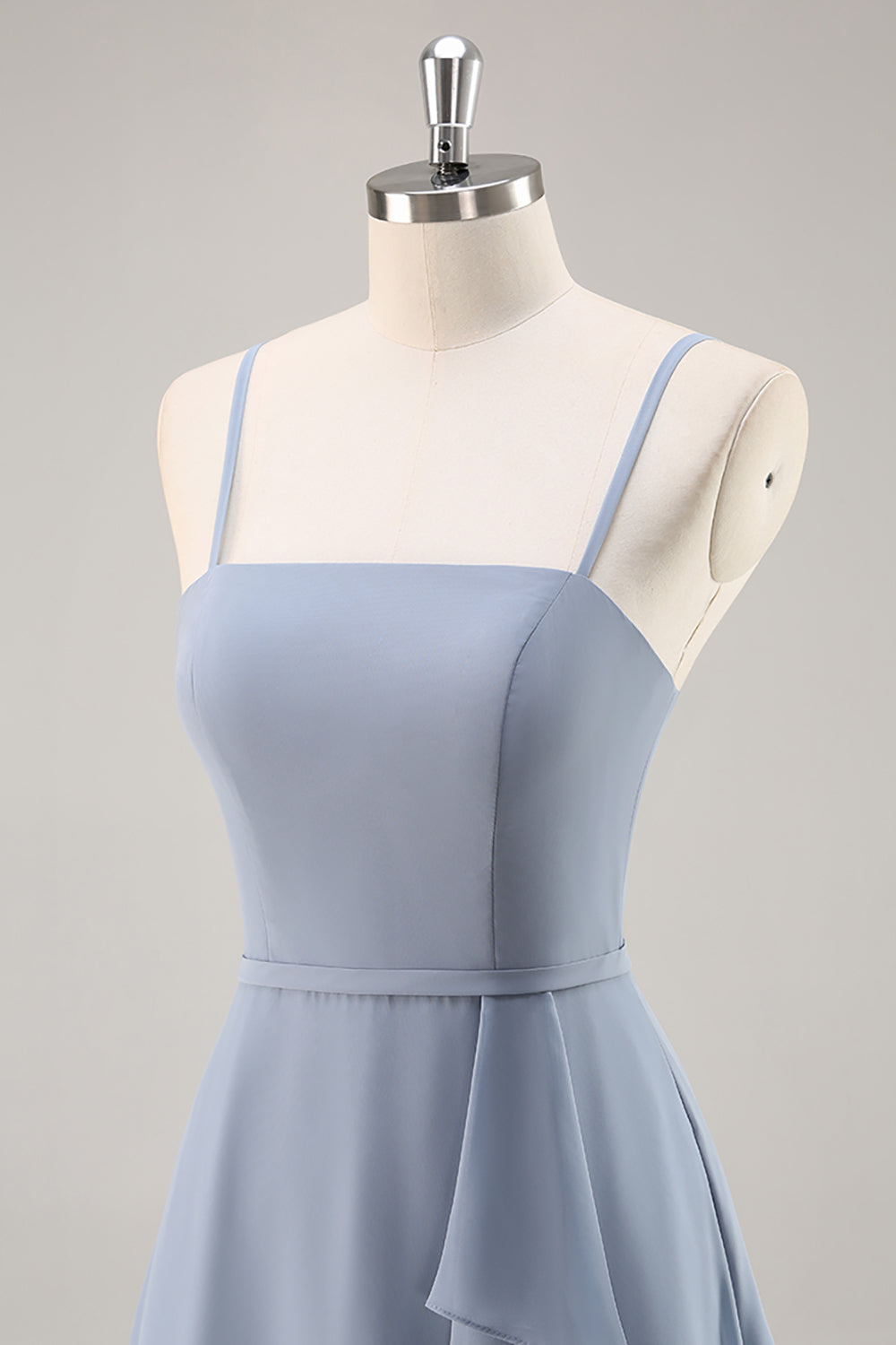 Dusty Blue Ruffled Chiffon A Line Long Bridesmaid Dress with Slit
