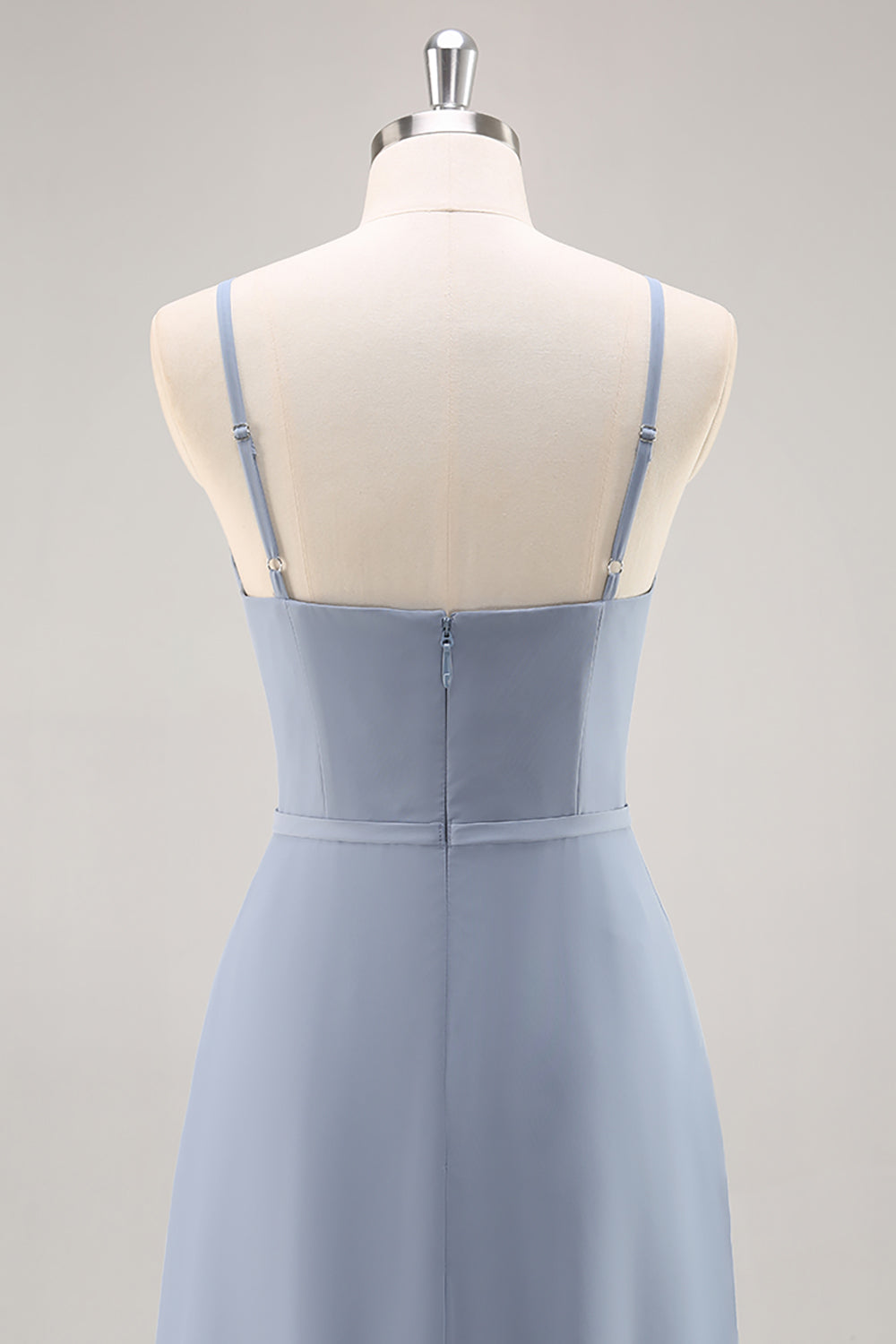 Dusty Blue Ruffled Chiffon A Line Long Bridesmaid Dress with Slit