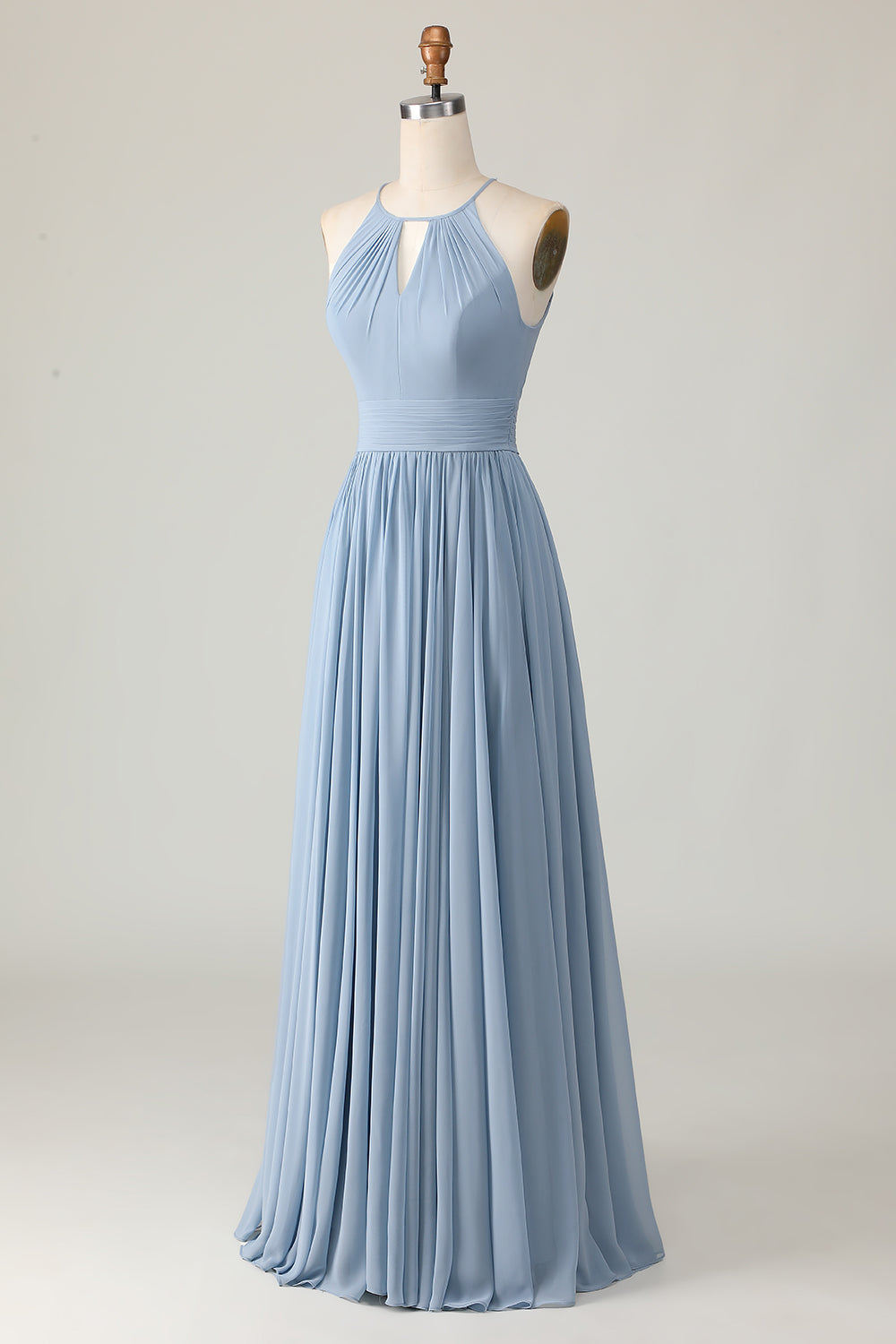Dusty Blue Ruched Chiffon Halter Long Bridesmaid Dress with Keyhole