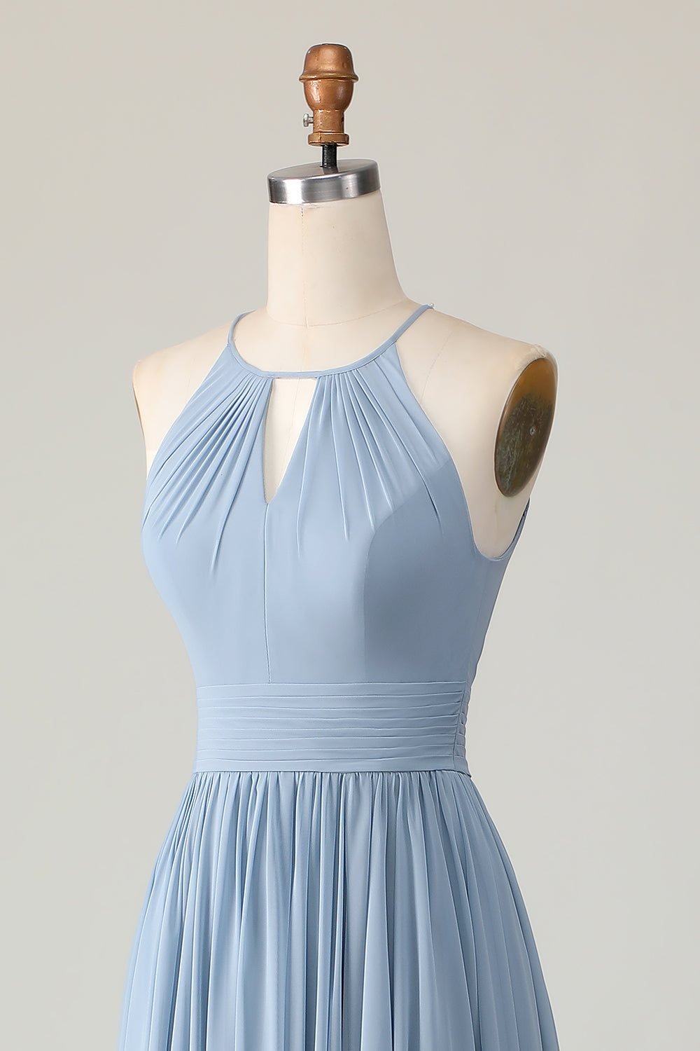 Dusty Blue Ruched Chiffon Halter Long Bridesmaid Dress with Keyhole