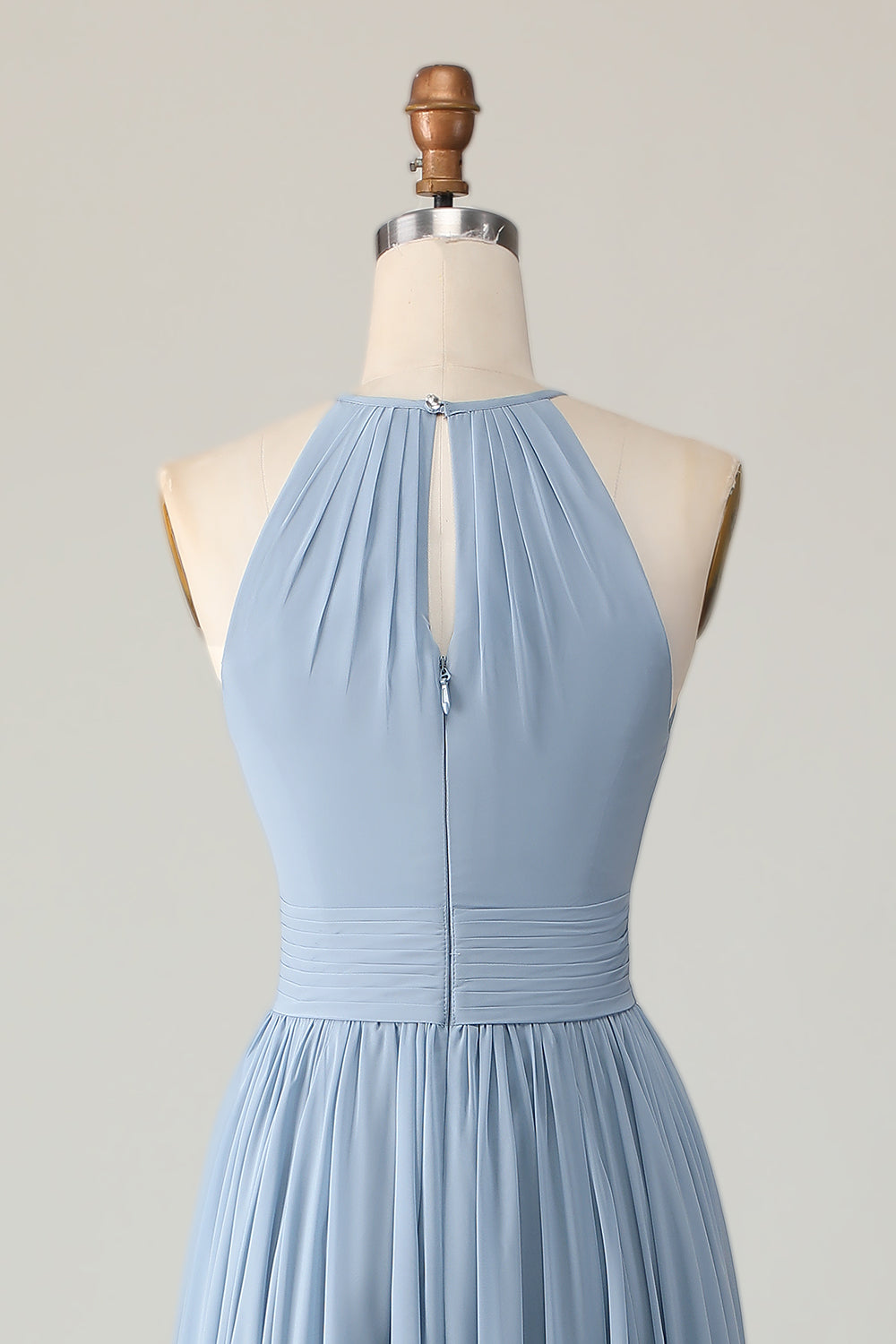 Dusty Blue Ruched Chiffon Halter Long Bridesmaid Dress with Keyhole
