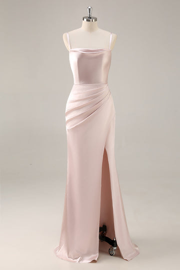 Candy Pink Mermaid Ruched Satin Long Bridesmaid Dress with Slit