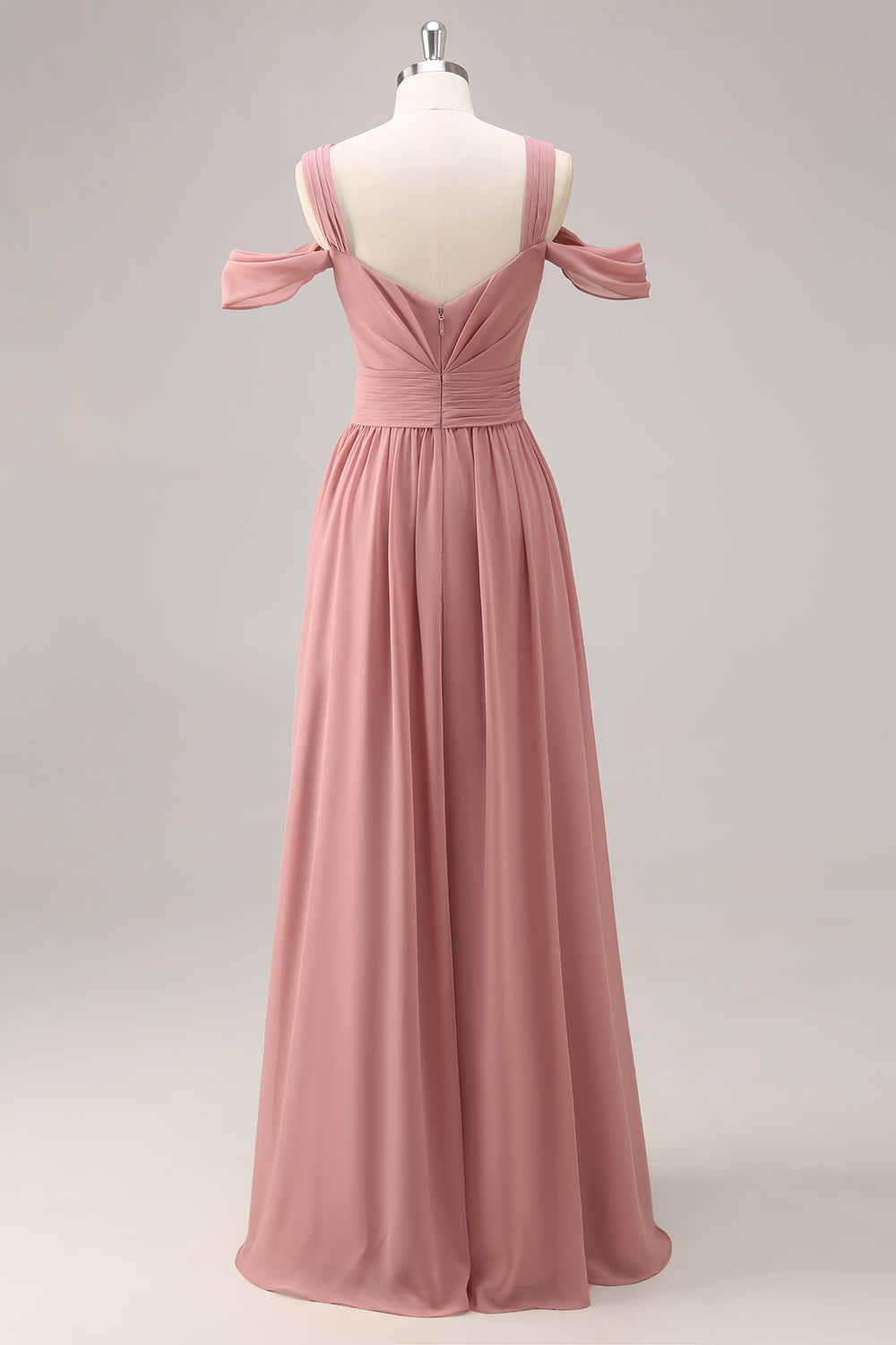 Dusty Rose Cold Shoulder Chiffon Long Bridesmaid Dress with Slit