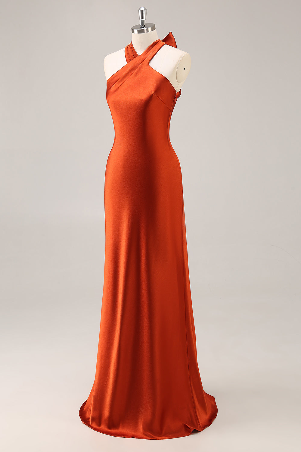 Rust Halter Satin Mermaid Long Bridesmaid Dress with Bow