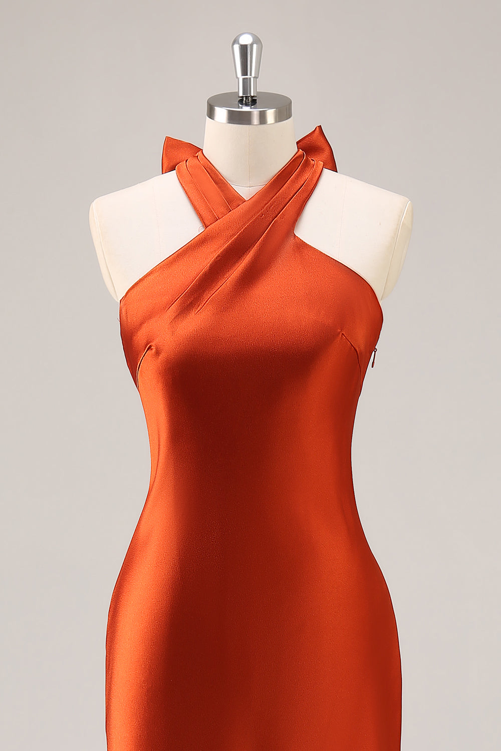 Rust Halter Satin Mermaid Long Bridesmaid Dress with Bow