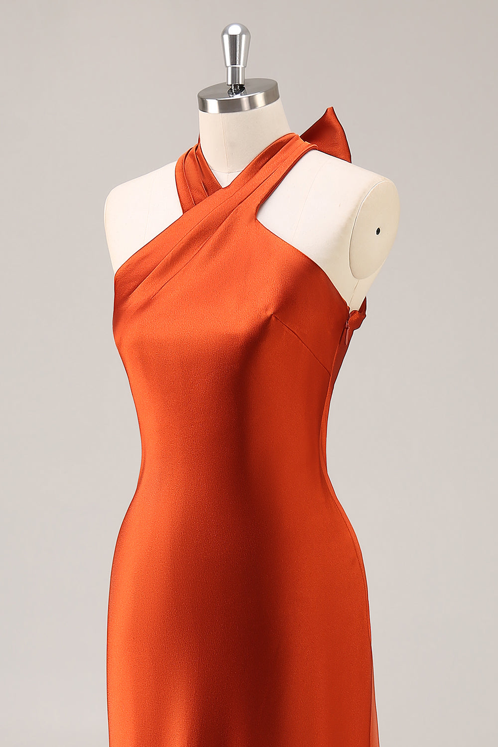 Rust Halter Satin Mermaid Long Bridesmaid Dress with Bow