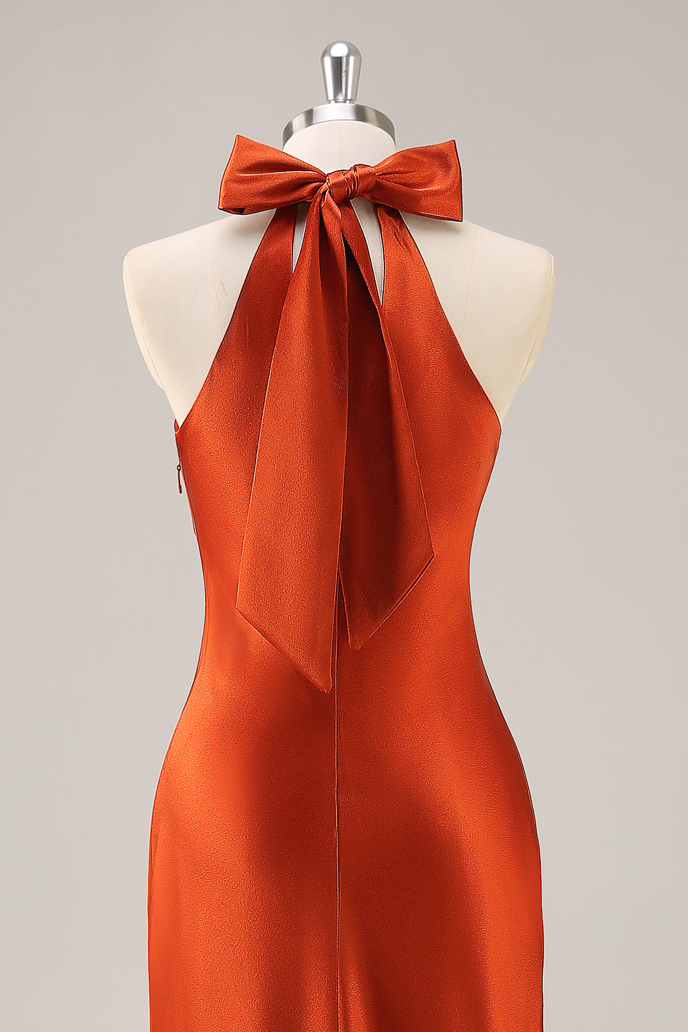 Rust Halter Satin Mermaid Long Bridesmaid Dress with Bow
