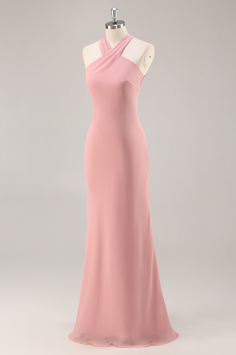 Blush Halter Chiffon Mermaid Long Bridesmaid Dress with Bow