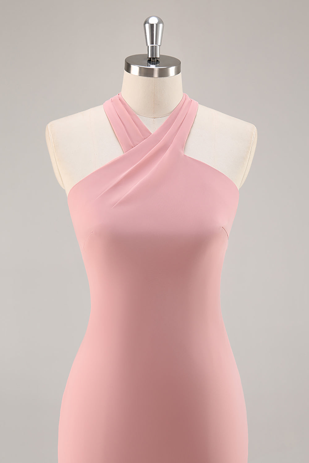 Blush Halter Chiffon Mermaid Long Bridesmaid Dress with Bow