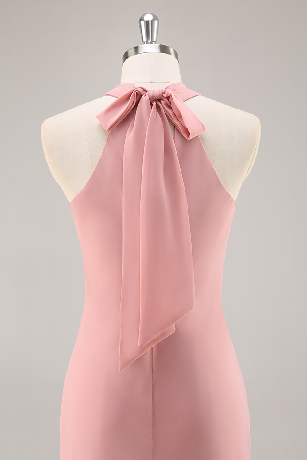 Blush Halter Chiffon Mermaid Long Bridesmaid Dress with Bow