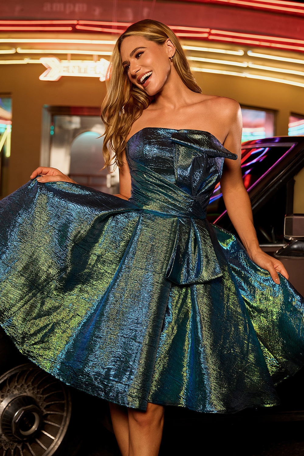 Sparkly Peacock Green Metallic Glitter Strapless Short Homecoming Dress