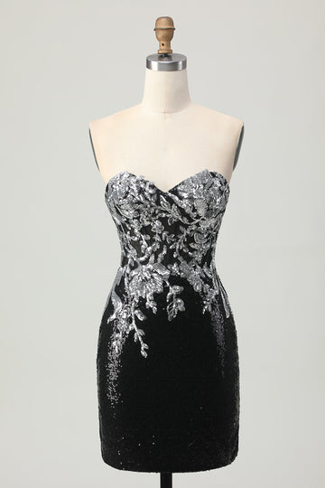 Sparkly Black Silver Sweetheart Tight Short Homecoming Dress with Sequins
